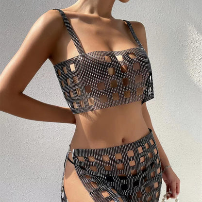 Sexy Fishnet Rhinestone Halterneck With Suspenders Hollow Vest Skirt
