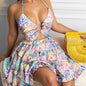 Hollow Out Strap V-neck Elegant Halter Printing Slip Dress