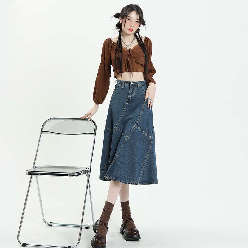Long Skirt High Waist Denim Skirt Cross Skirt For Women