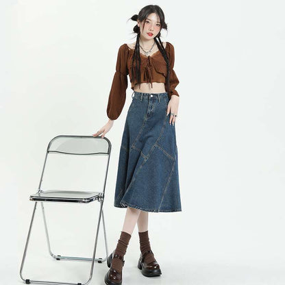 Long Skirt High Waist Denim Skirt Cross Skirt For Women