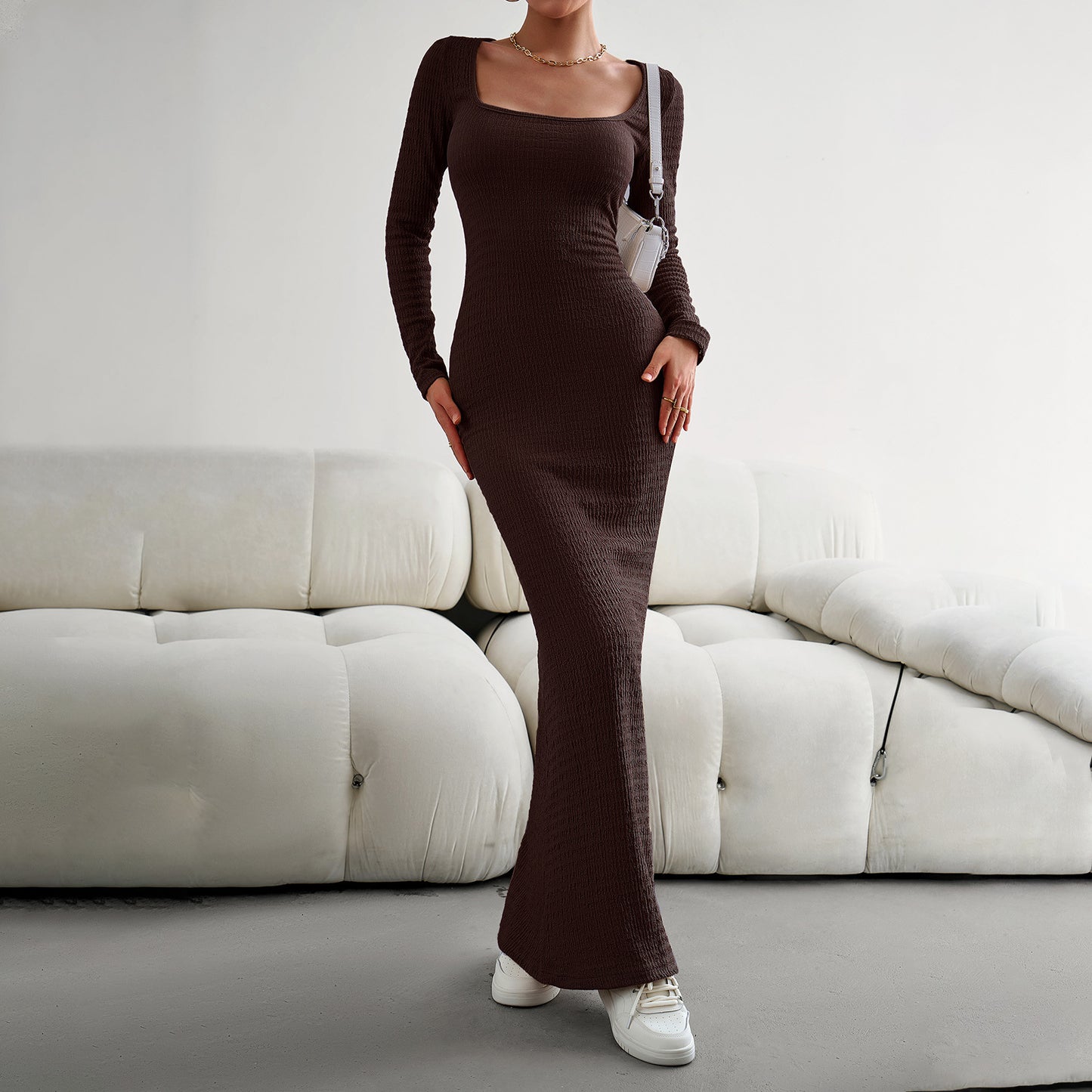 Women's Fashionable Elegant Slim Fit Square Collar Long-sleeved Knitted Dress