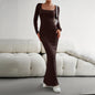 Women's Fashionable Elegant Slim Fit Square Collar Long-sleeved Knitted Dress