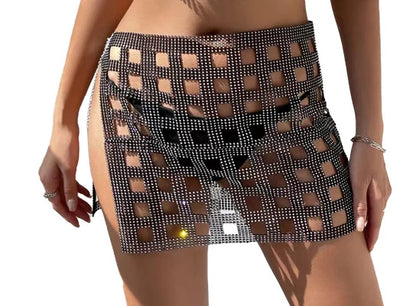 Sexy Fishnet Rhinestone Halterneck With Suspenders Hollow Vest Skirt