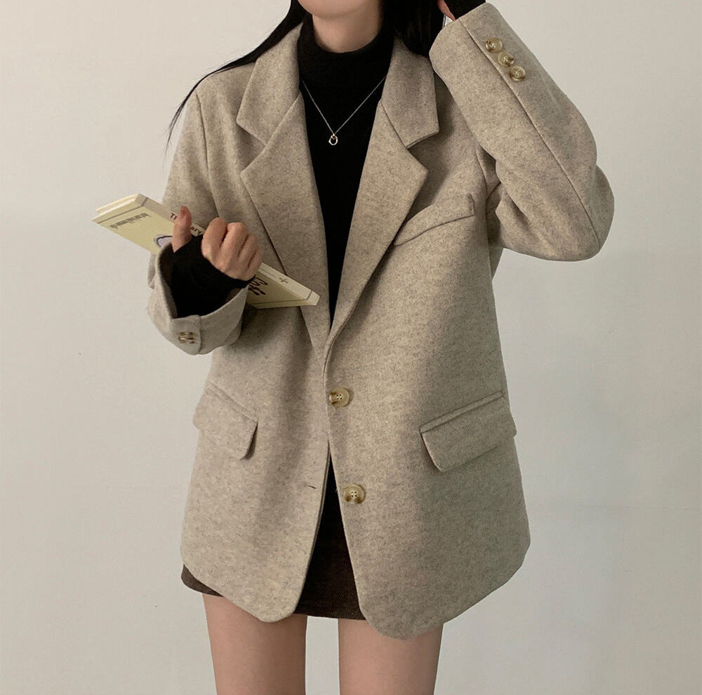 Retro British Style Temperament Mid-length Loose Woolen Blazer