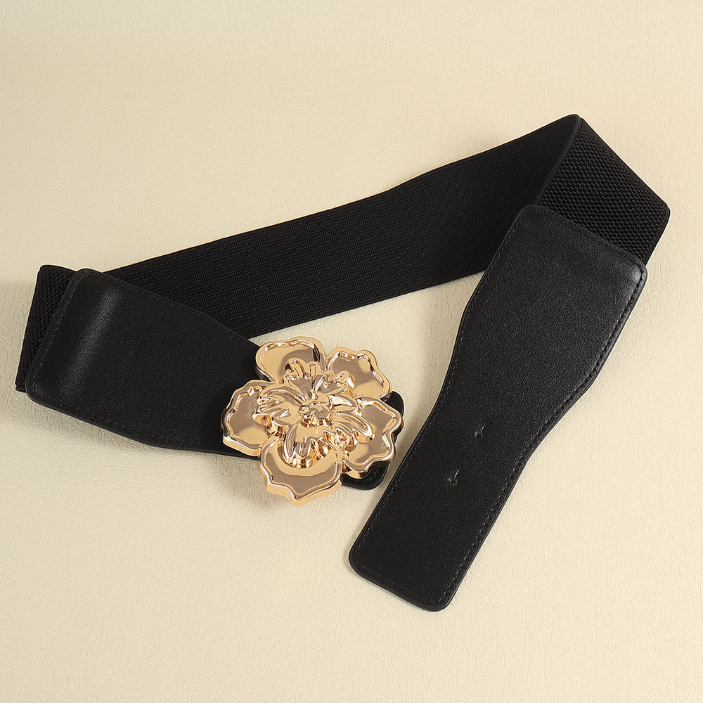 Elegant Women's Stretch Elastic Belt Metal Large Flower Needle Buckle Decorated Dress Shirt Waist Belt