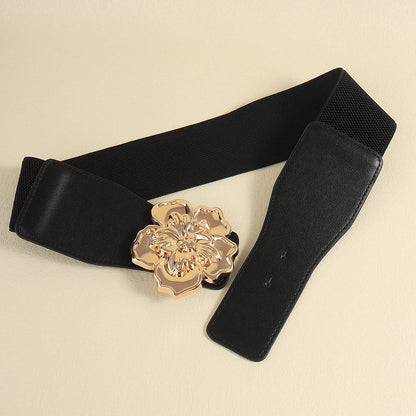 Elegant Women's Stretch Elastic Belt Metal Large Flower Needle Buckle Decorated Dress Shirt Waist Belt