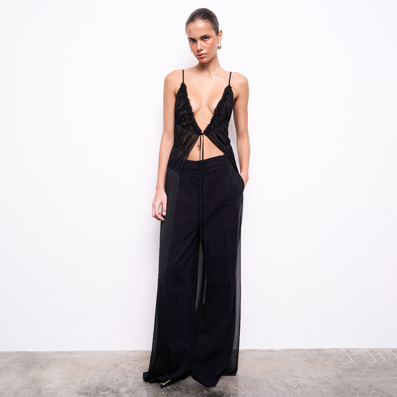 Summer New Pure Color Mesh Sling Tied Top
