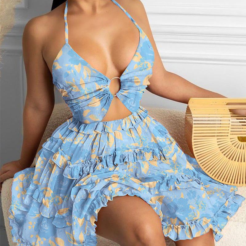 Hollow Out Strap V-neck Elegant Halter Printing Slip Dress