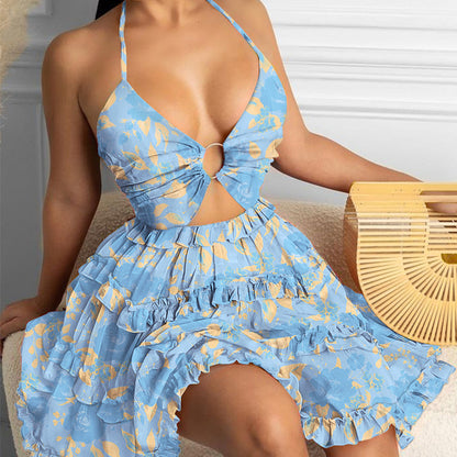 Hollow Out Strap V-neck Elegant Halter Printing Slip Dress