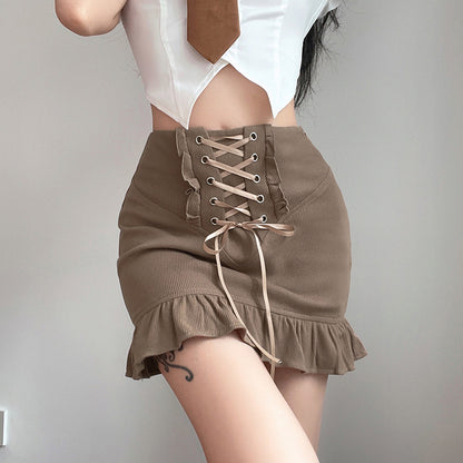 Women's Skinny Panel Lace-Up Brown Ruffle Pack Hip Skirt
