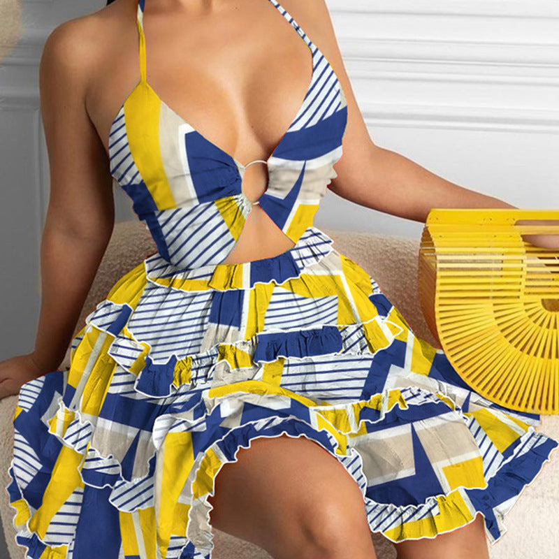 Hollow Out Strap V-neck Elegant Halter Printing Slip Dress