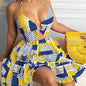 Hollow Out Strap V-neck Elegant Halter Printing Slip Dress
