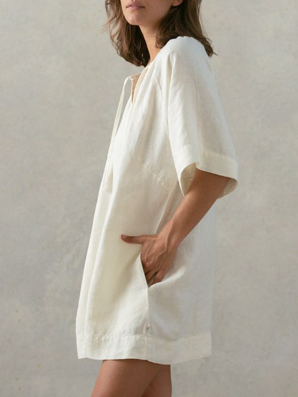 Women's Fashionable Elegant Cotton And Linen V-neck Lace-up Dress