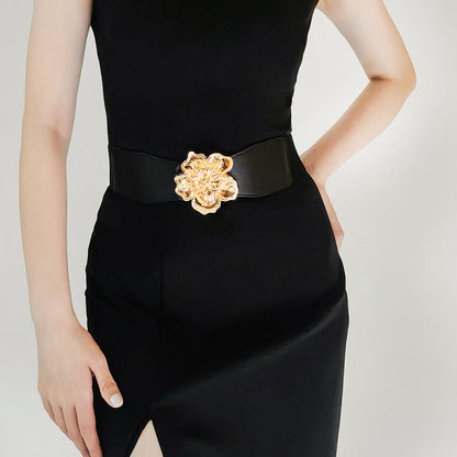 Elegant Women's Stretch Elastic Belt Metal Large Flower Needle Buckle Decorated Dress Shirt Waist Belt