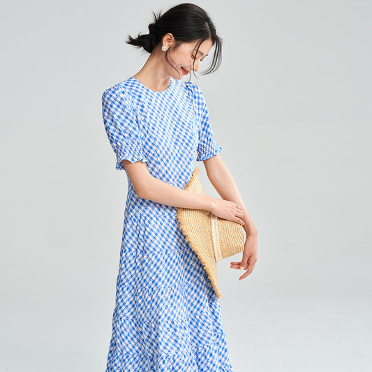 New Blue And White Plaid Elegant Waist-tight Dress Women