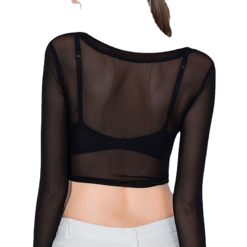Women's Long Sleeve New Transparent Black Veil Inner Lace Half Gauze Clothes Skirt Top