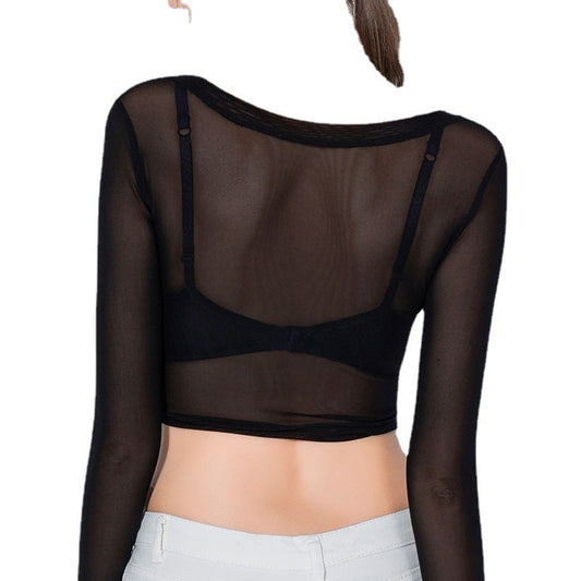 Women's Long Sleeve New Transparent Black Veil Inner Lace Half Gauze Clothes Skirt Top