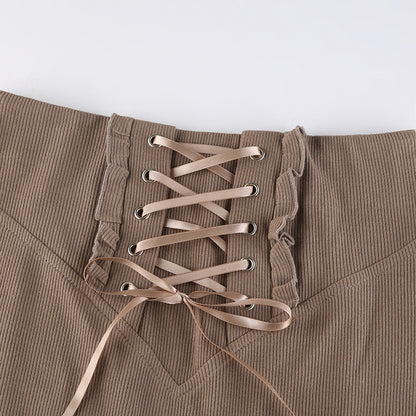 Women's Skinny Panel Lace-Up Brown Ruffle Pack Hip Skirt