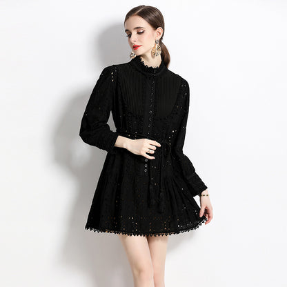 Stand Collar Elegant Hollow Single-breasted Lantern Sleeve Loose Lace-up Dress
