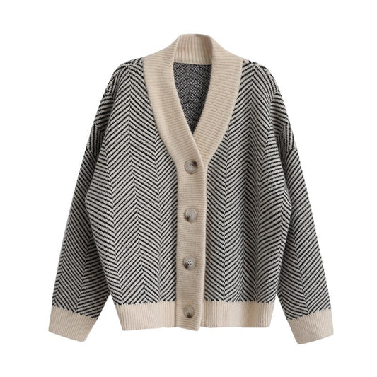 V-neck Retro Knitted Cardigan Women's Loose Jacket Thick Thick Line Outer Wear Sweater