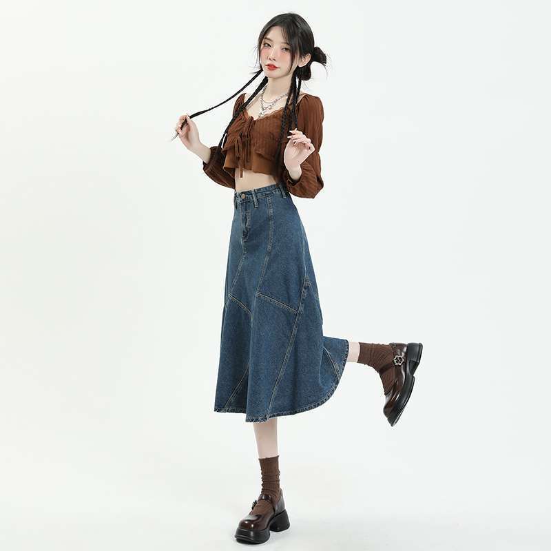 Long Skirt High Waist Denim Skirt Cross Skirt For Women