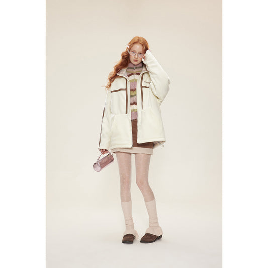 Preppy Style Plaid Double-sided Wear Winter Cotton Dress Women's Vintage Lamb Wool Coat