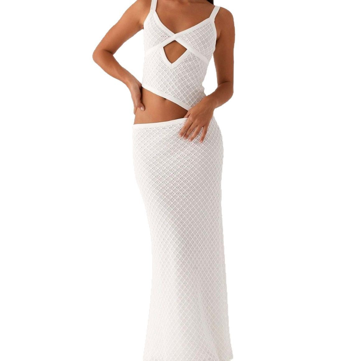 Fashionable, Elegant And Sexy Sling Solid Color Hollow Mesh Dress