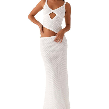 Fashionable, Elegant And Sexy Sling Solid Color Hollow Mesh Dress