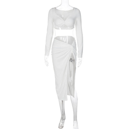 Tight High Waist Slit Skirt Two-piece Set