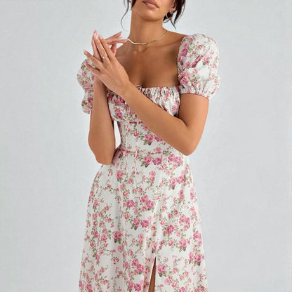 Women’s Floral Puff Sleeve Maxi Dress – Summer Casual Long Dress with Side Split