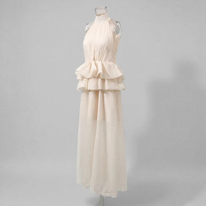 Women’s Vintage Flounce Maxi Dress – Elegant High Waist Sleeveless Long Dress for Summer, Apricot Vintage Style