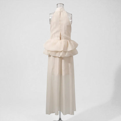 Women’s Vintage Flounce Maxi Dress – Elegant High Waist Sleeveless Long Dress for Summer, Apricot Vintage Style