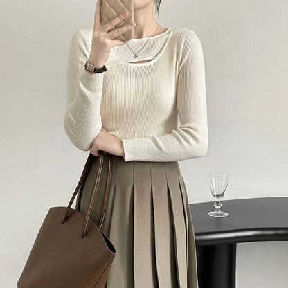 Women’s Korean Style Knitted Pullover – Simple Long Sleeve Round Neck Sweater Top