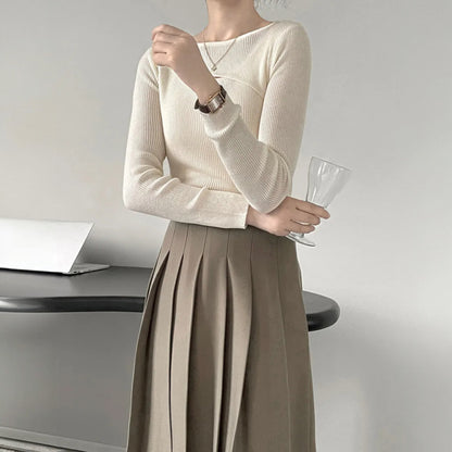 Women’s Korean Style Knitted Pullover – Simple Long Sleeve Round Neck Sweater Top