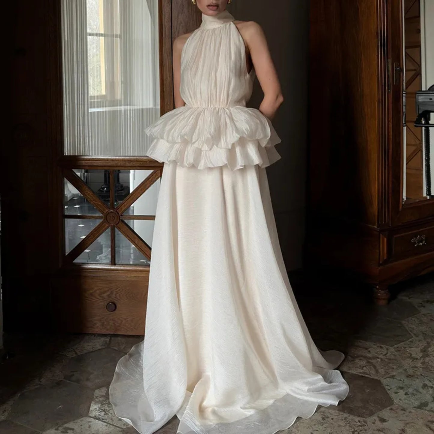 Women’s Vintage Flounce Maxi Dress – Elegant High Waist Sleeveless Long Dress for Summer, Apricot Vintage Style