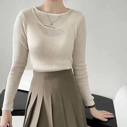 Women’s Korean Style Knitted Pullover – Simple Long Sleeve Round Neck Sweater Top