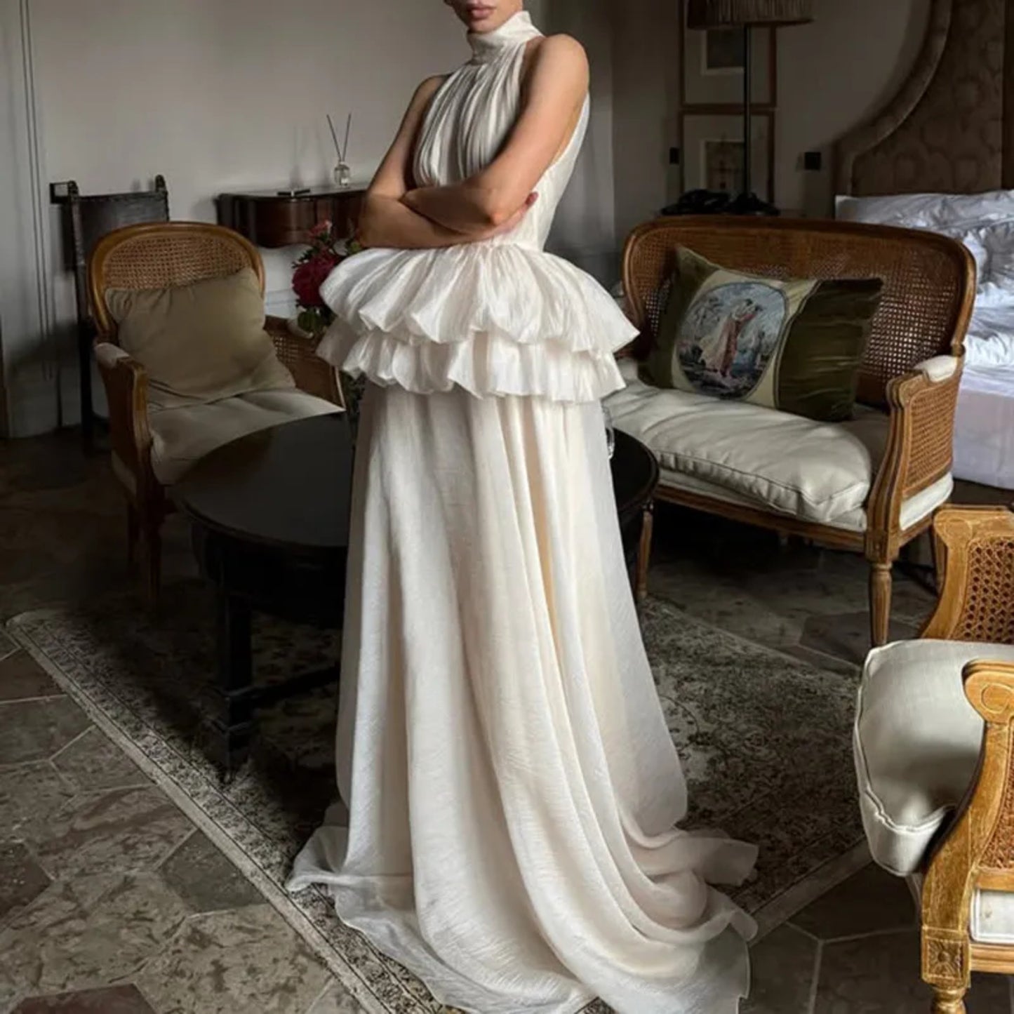Women’s Vintage Flounce Maxi Dress – Elegant High Waist Sleeveless Long Dress for Summer, Apricot Vintage Style