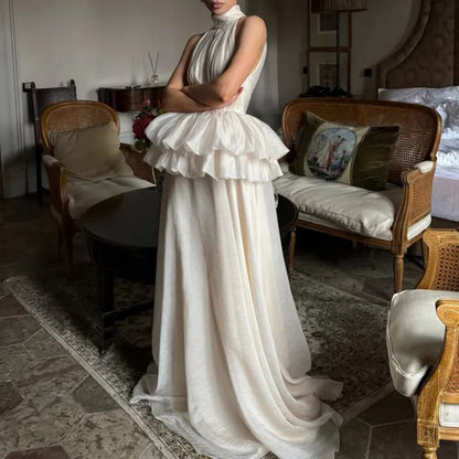 Women’s Vintage Flounce Maxi Dress – Elegant High Waist Sleeveless Long Dress for Summer, Apricot Vintage Style