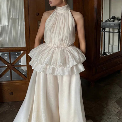 Women’s Vintage Flounce Maxi Dress – Elegant High Waist Sleeveless Long Dress for Summer, Apricot Vintage Style