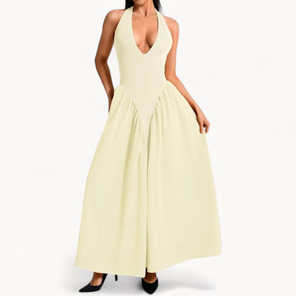 Women’s Fashion Long Summer Dress – Deep V Neck, Spliced Halter, Open Back Evening & Beach Dress