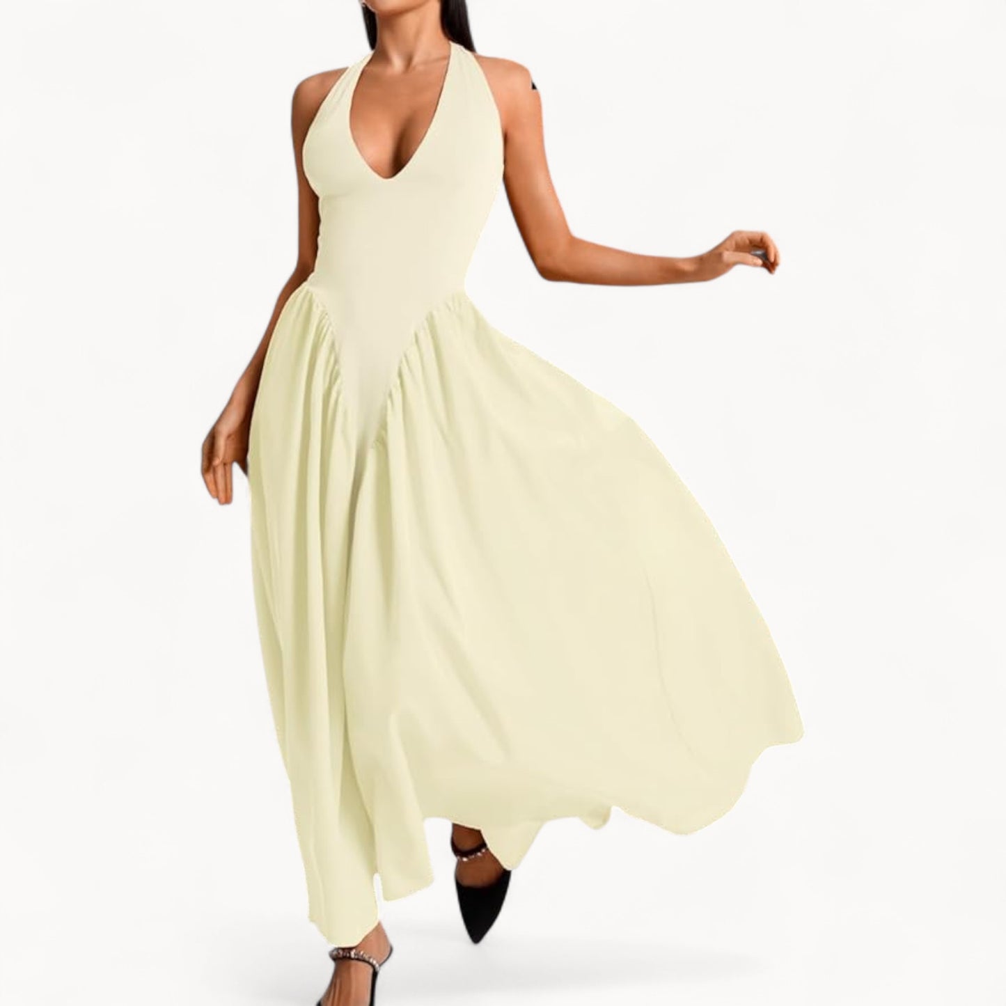 Women’s Fashion Long Summer Dress – Deep V Neck, Spliced Halter, Open Back Evening & Beach Dress