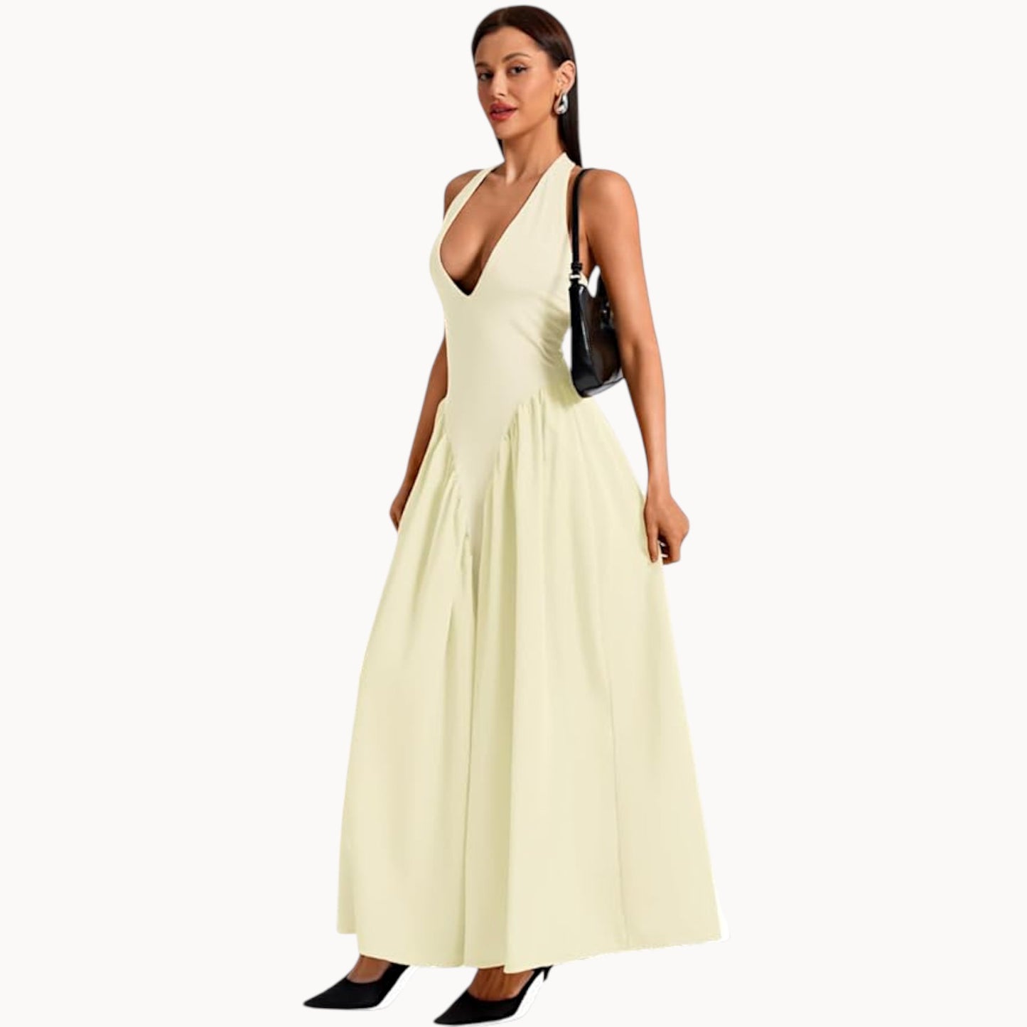 Women’s Fashion Long Summer Dress – Deep V Neck, Spliced Halter, Open Back Evening & Beach Dress