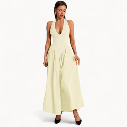 Women’s Fashion Long Summer Dress – Deep V Neck, Spliced Halter, Open Back Evening & Beach Dress