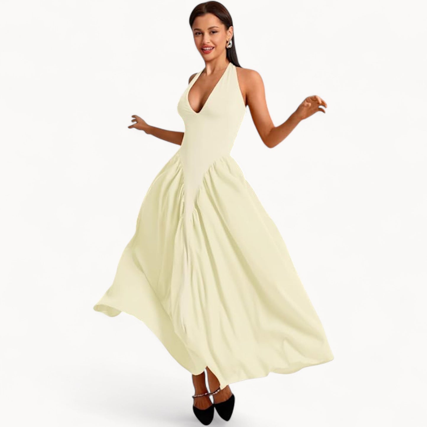 Women’s Fashion Long Summer Dress – Deep V Neck, Spliced Halter, Open Back Evening & Beach Dress