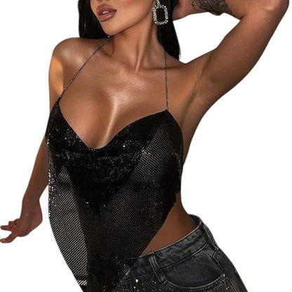 Women Sexy Metallic Chain Top  -  Sequin Rhinestone Backless Crop Outfit Sparkly EDM Party Club Night Tank Shirt