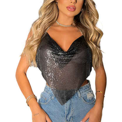 Women Sexy Metallic Chain Top  -  Sequin Rhinestone Backless Crop Outfit Sparkly EDM Party Club Night Tank Shirt