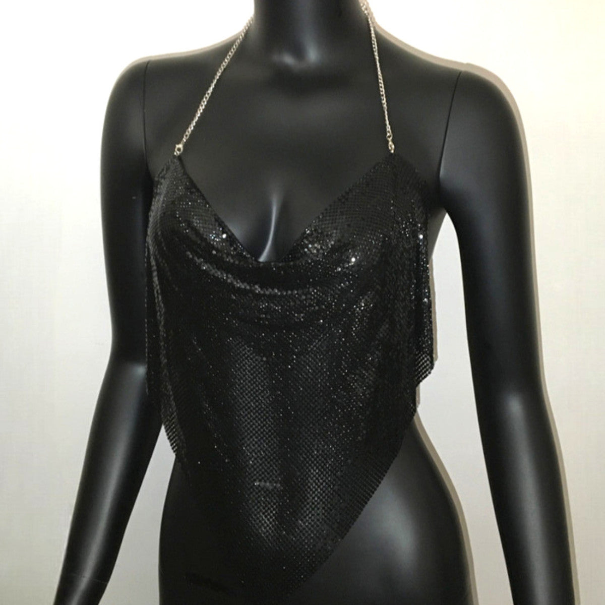 Women Sexy Metallic Chain Top  -  Sequin Rhinestone Backless Crop Outfit Sparkly EDM Party Club Night Tank Shirt