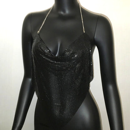 Women Sexy Metallic Chain Top  -  Sequin Rhinestone Backless Crop Outfit Sparkly EDM Party Club Night Tank Shirt