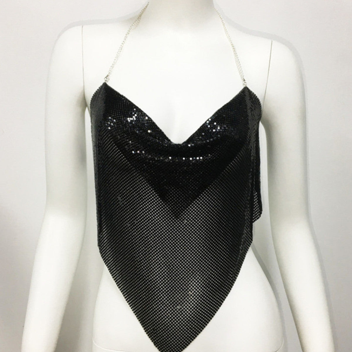 Women Sexy Metallic Chain Top  -  Sequin Rhinestone Backless Crop Outfit Sparkly EDM Party Club Night Tank Shirt