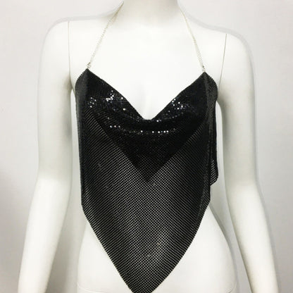Women Sexy Metallic Chain Top  -  Sequin Rhinestone Backless Crop Outfit Sparkly EDM Party Club Night Tank Shirt